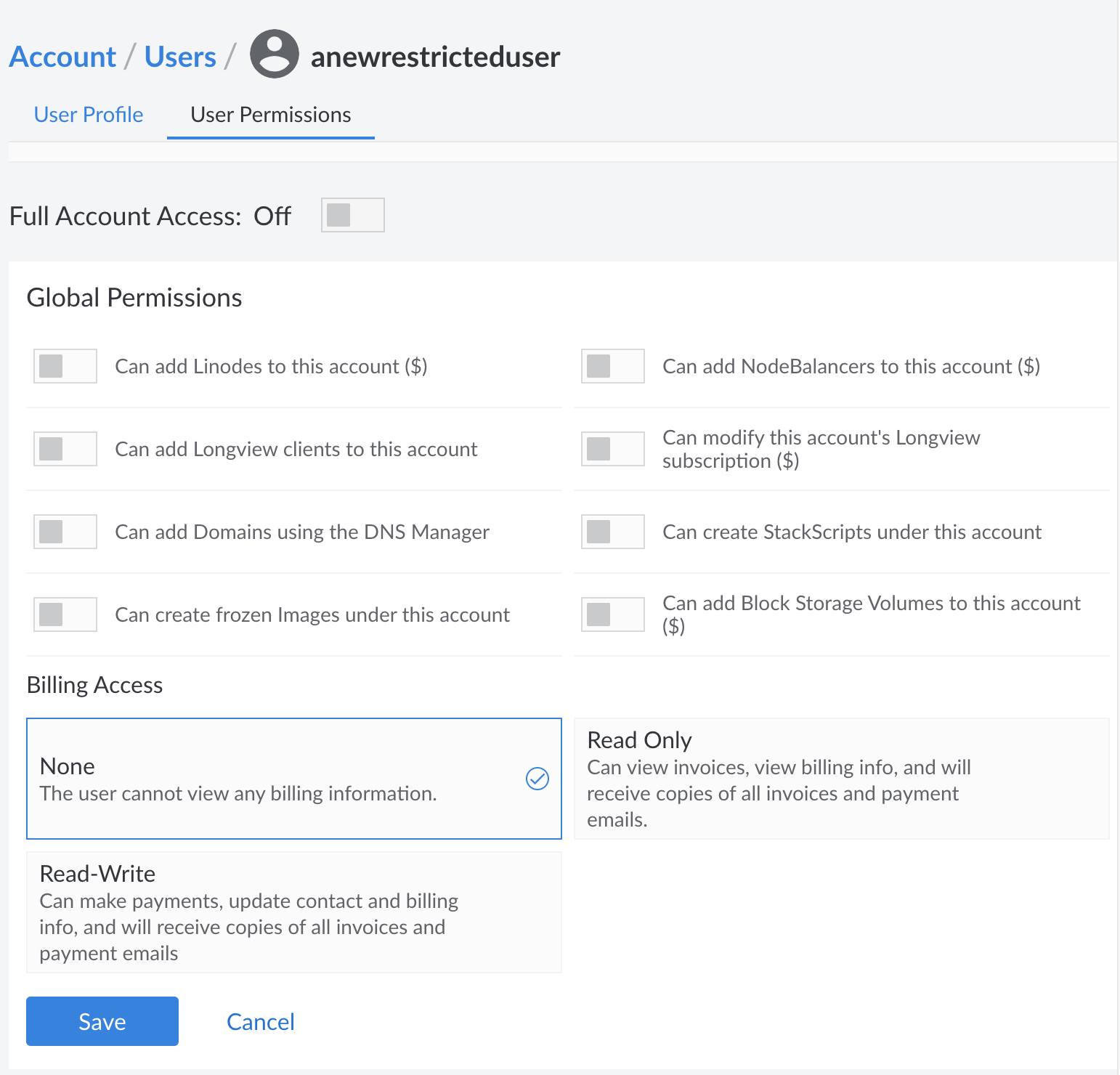 Configure User permissions in the Linode Cloud Manager.