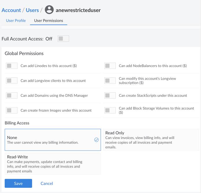 Configure User permissions in the Linode Cloud Manager.