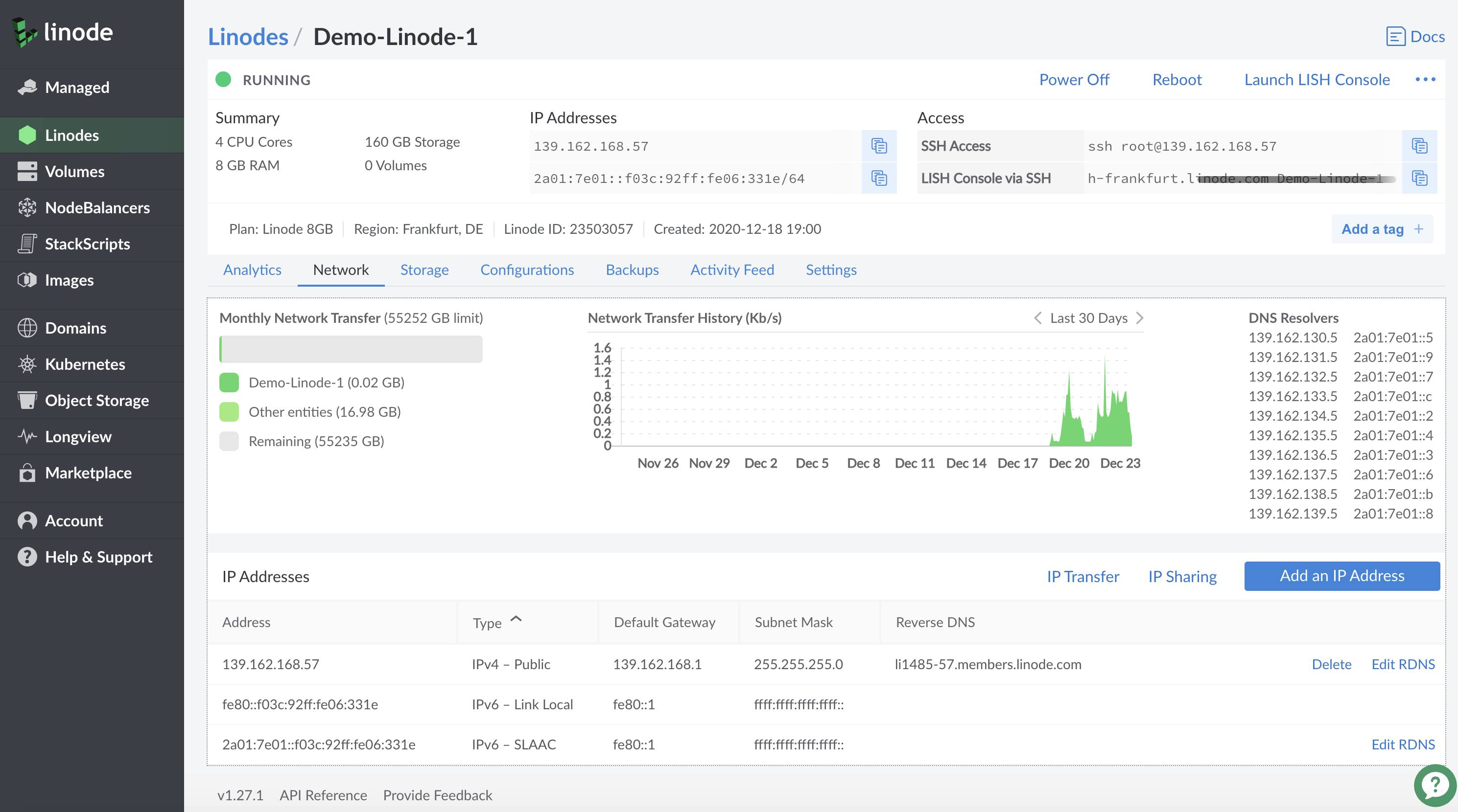 The Network settings tab for your Linode