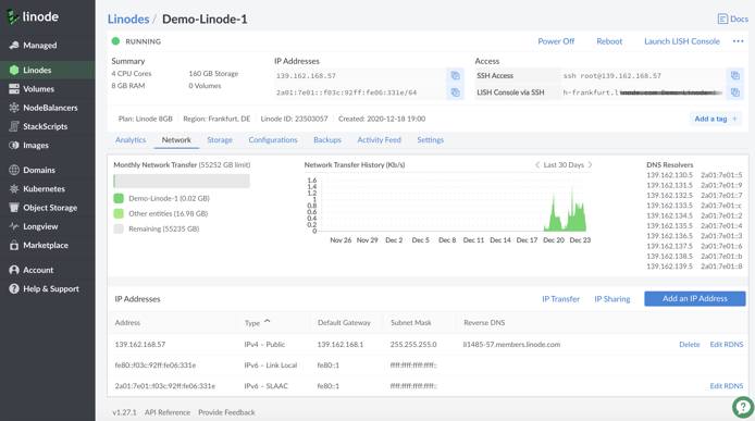 The Network settings tab for your Linode