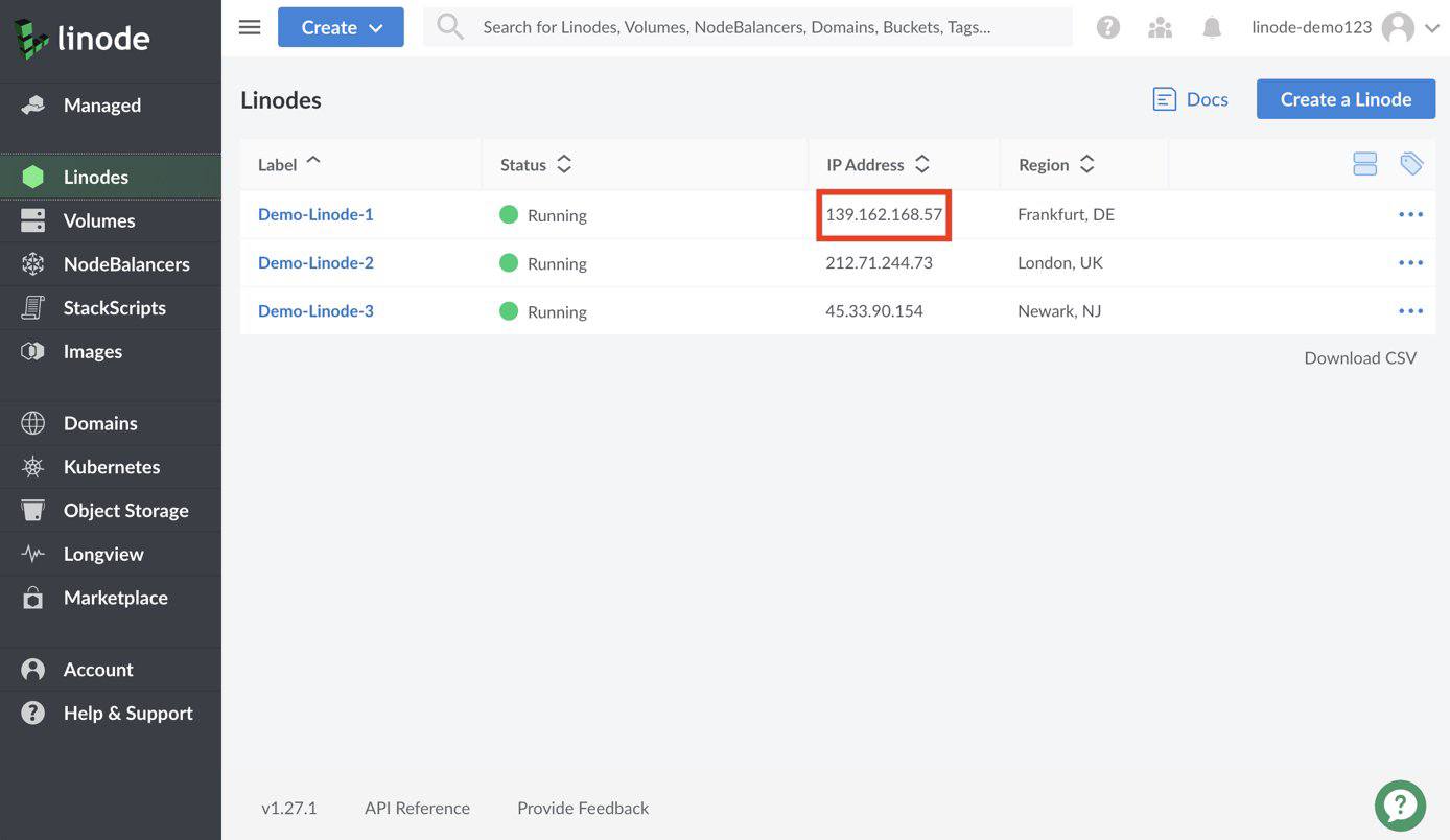 IP address from the Linodes page