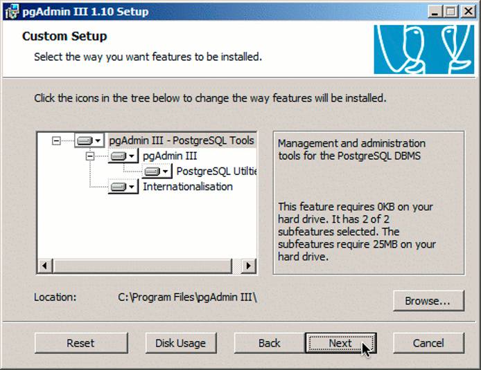 pgAdmin on Windows installer feature selection dialog pgAdmin on Windows installer feature selection dialog