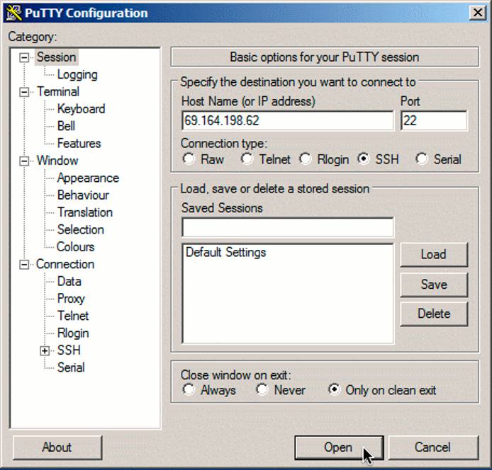 PuTTY on Windows 7 session dialog PuTTY on Windows 7 session dialog
