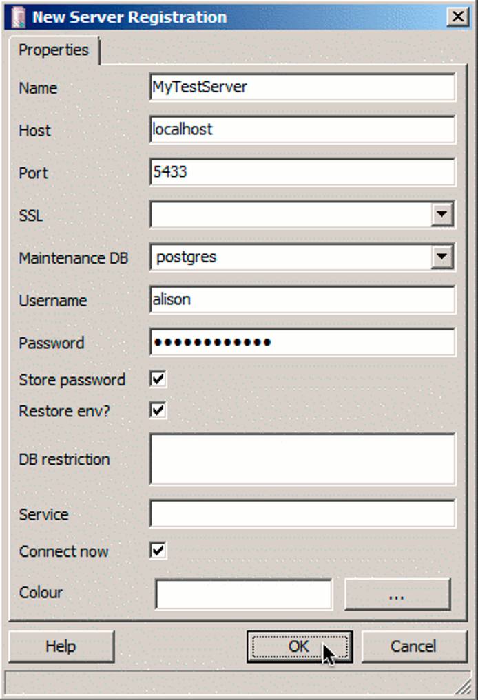 pgAdmin III new server details dialog pgAdmin III new server details dialog