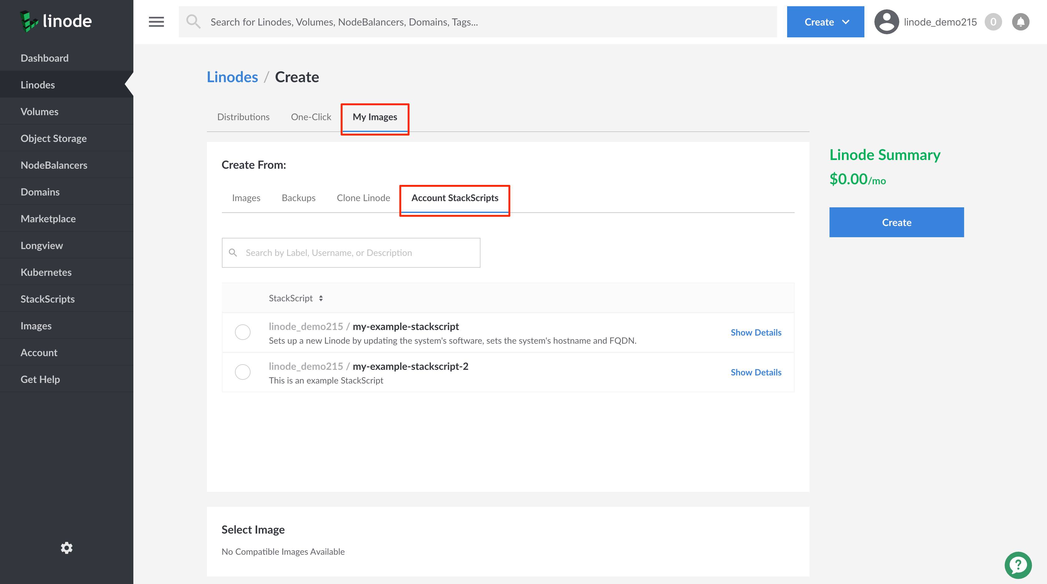Access the Account StackScripts tab. Access the Account StackScripts tab.