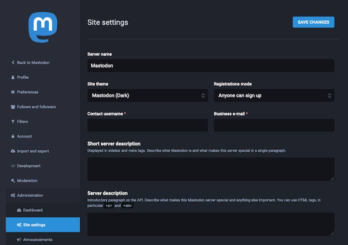 Mastodon administration page