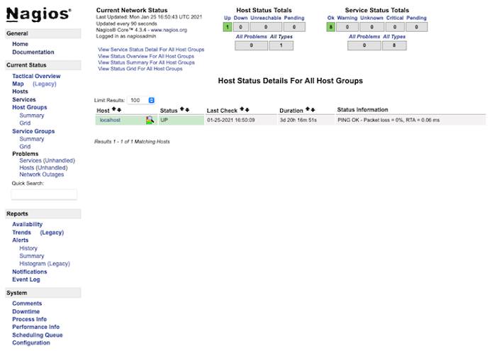 Nagios page displaying monitoring status