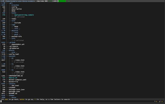 Usage information listed in a broot directory tree