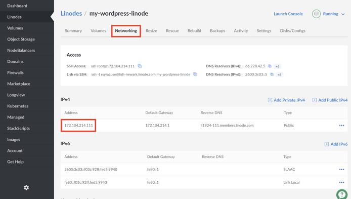 View your IP address from the Networking tab of the Linode detail page