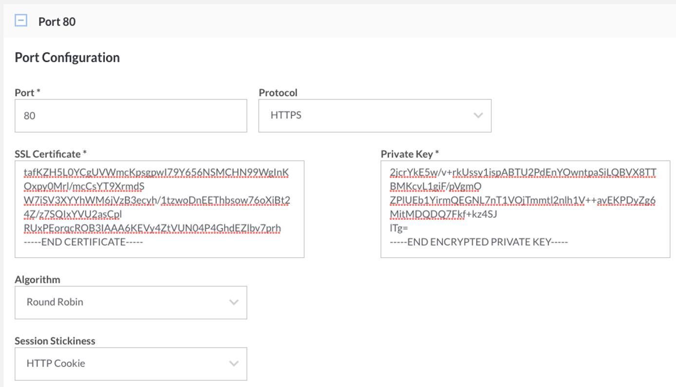 The NodeBalancer Certificate and Private Key fields. The NodeBalancer Certificate and Private Key fields.