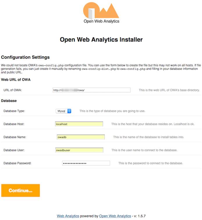 Open Web Analytics set up screen.