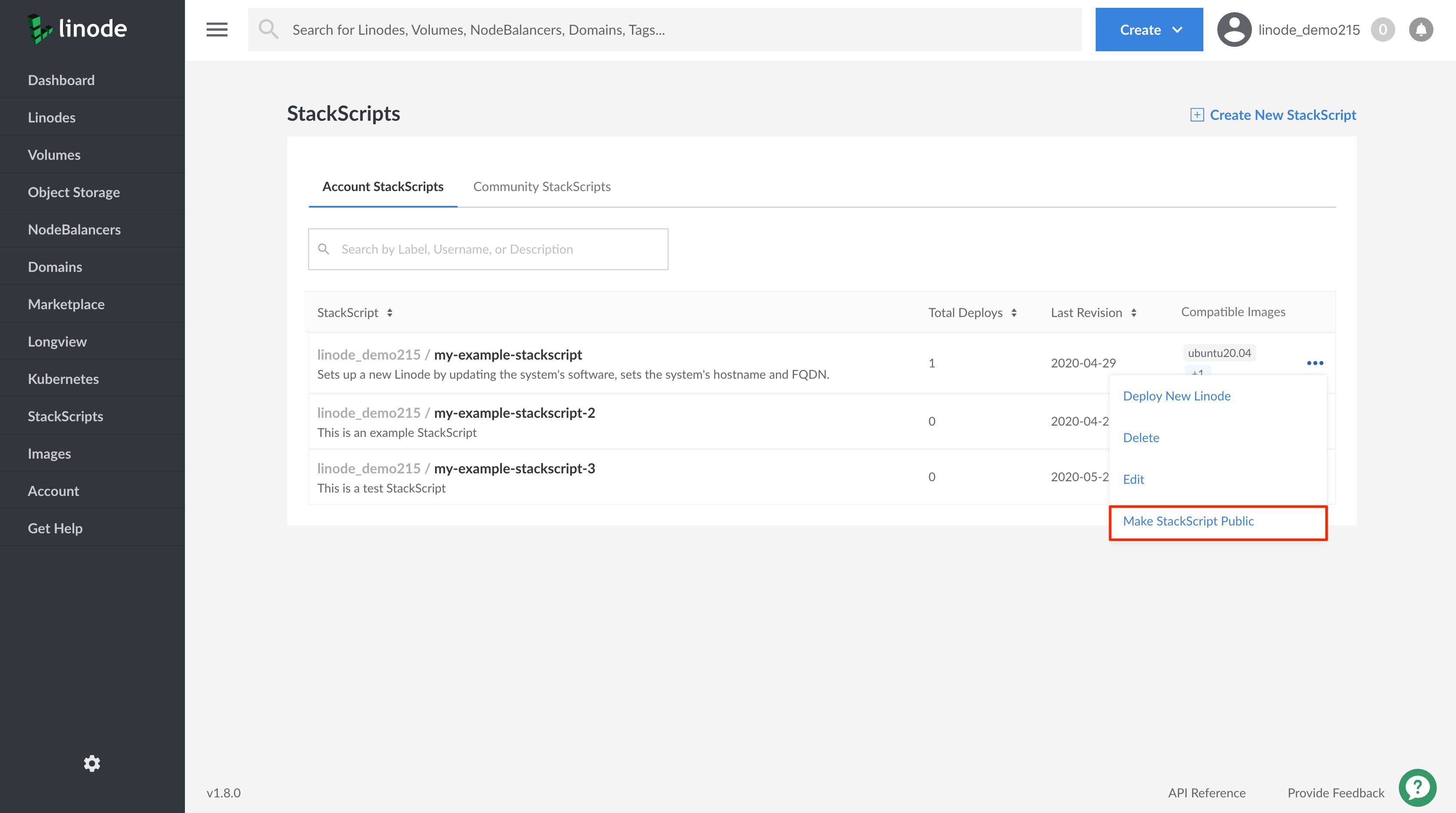 Select Make StackScript Public from the dropdown menu Select Make StackScript Public from the dropdown menu