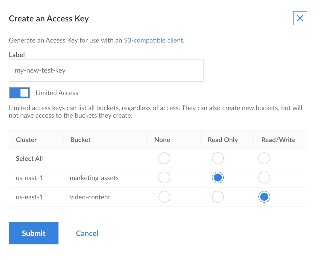 The Create an Access Key menu with limited permissions
