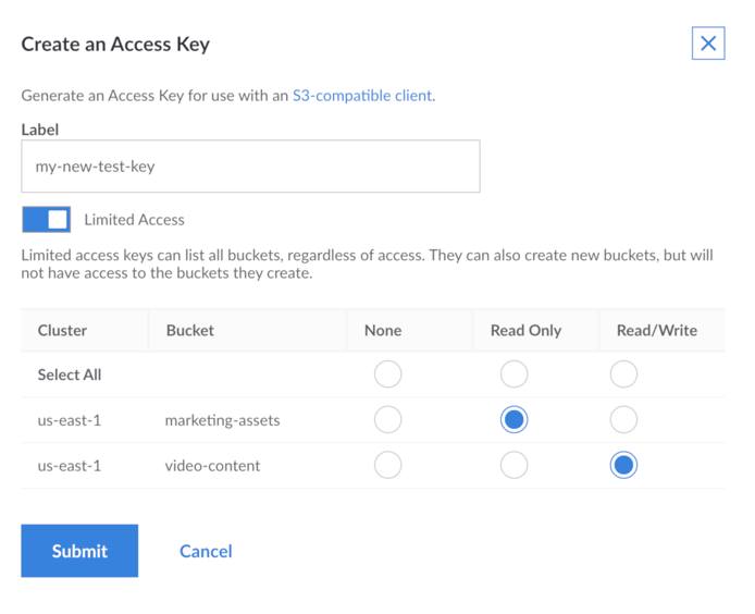 The Create an Access Key menu with limited permissions