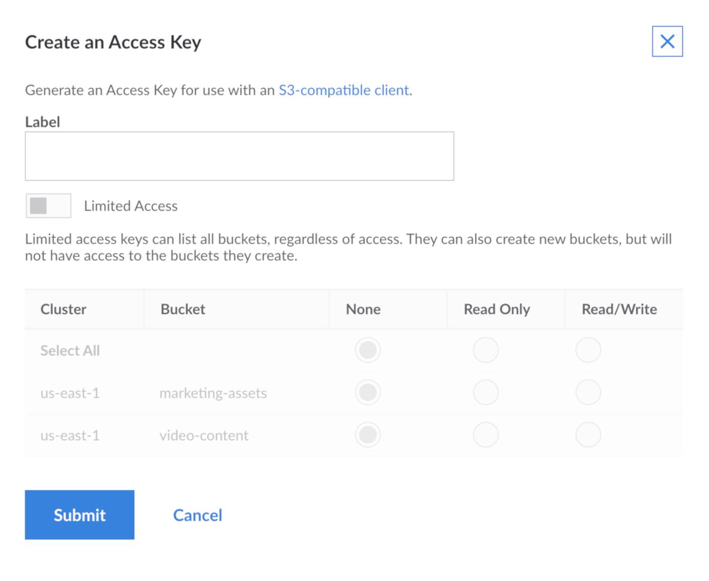 The &lsquo;Create an Access Key&rsquo; menu