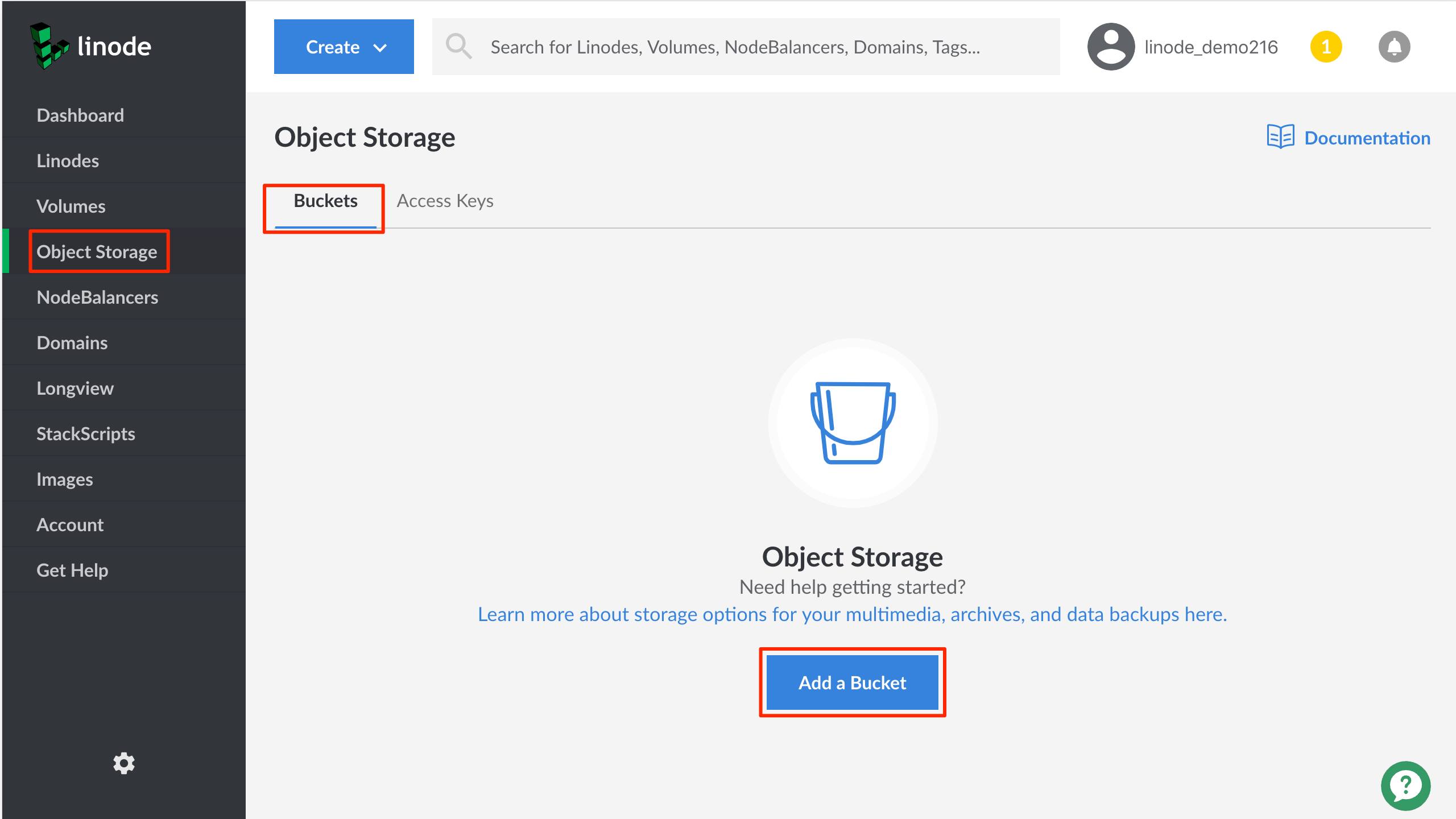 The Object Storage menu