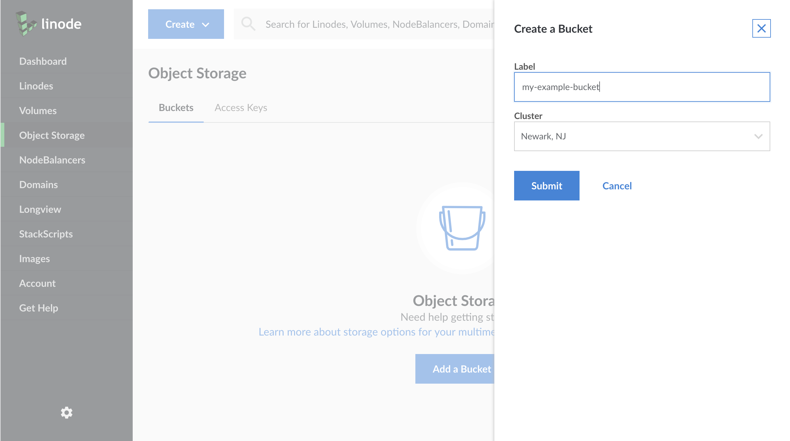 The Create a Bucket menu