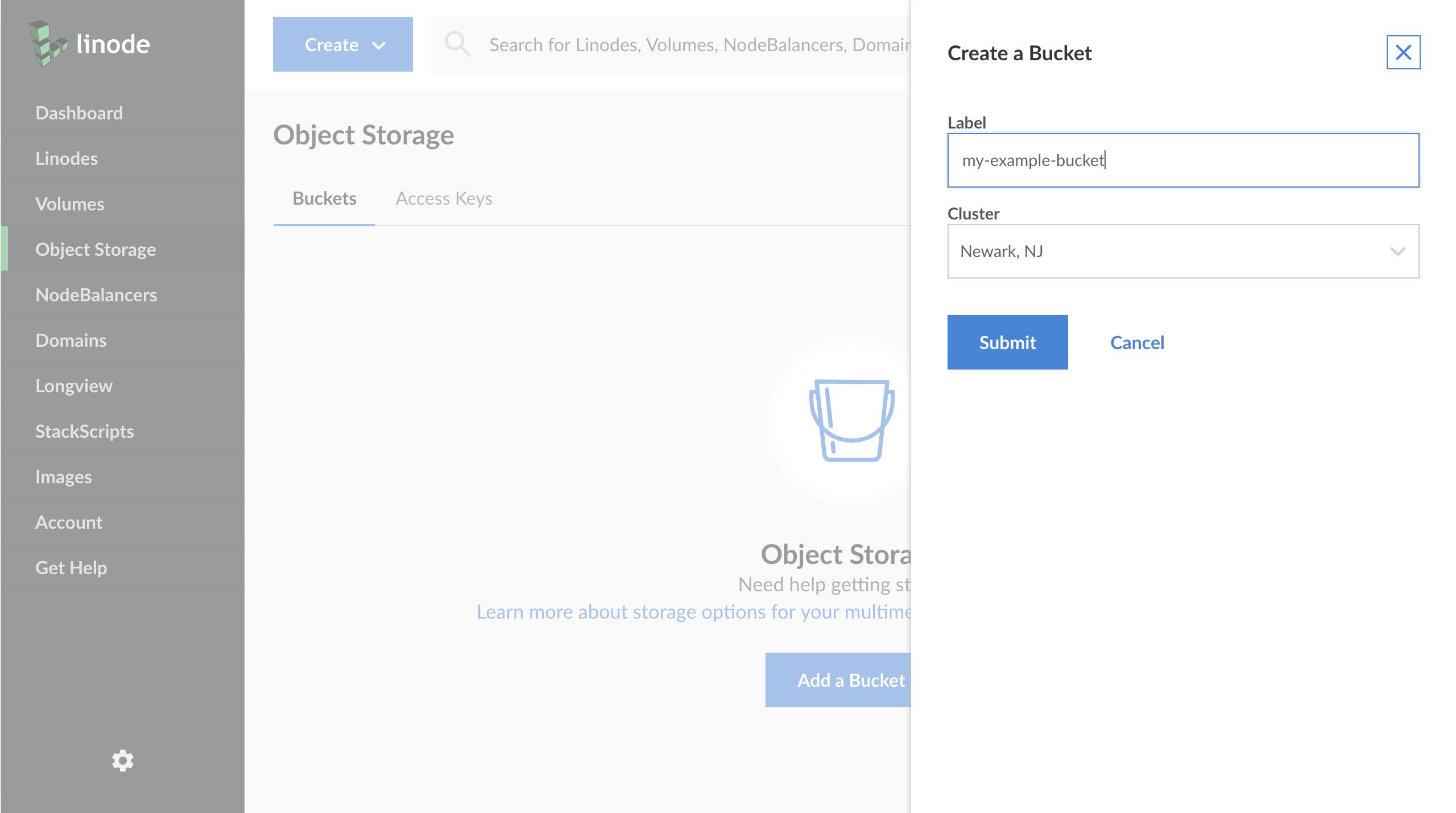 The Create a Bucket menu