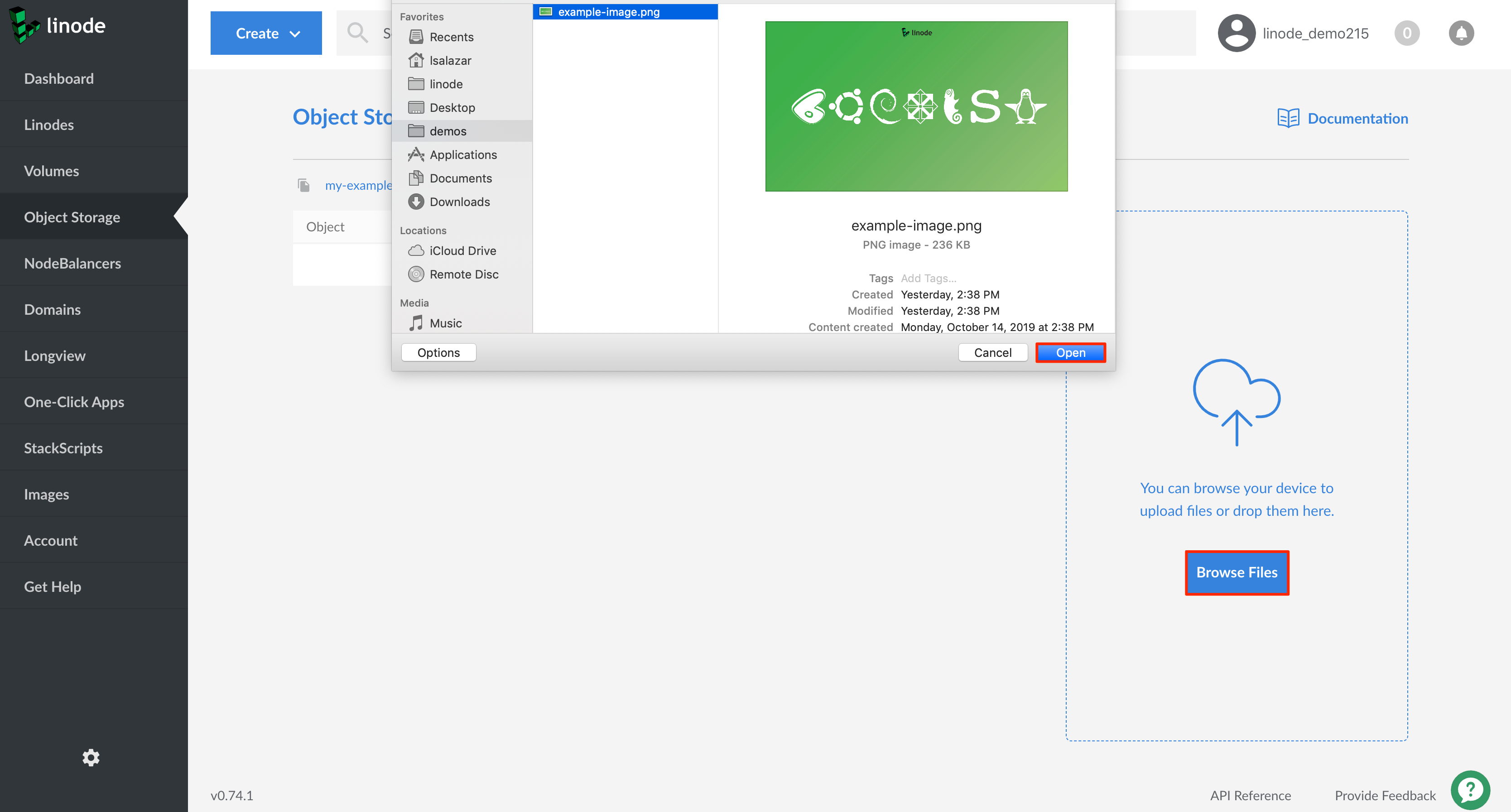 Upload an object to the bucket using the file browser