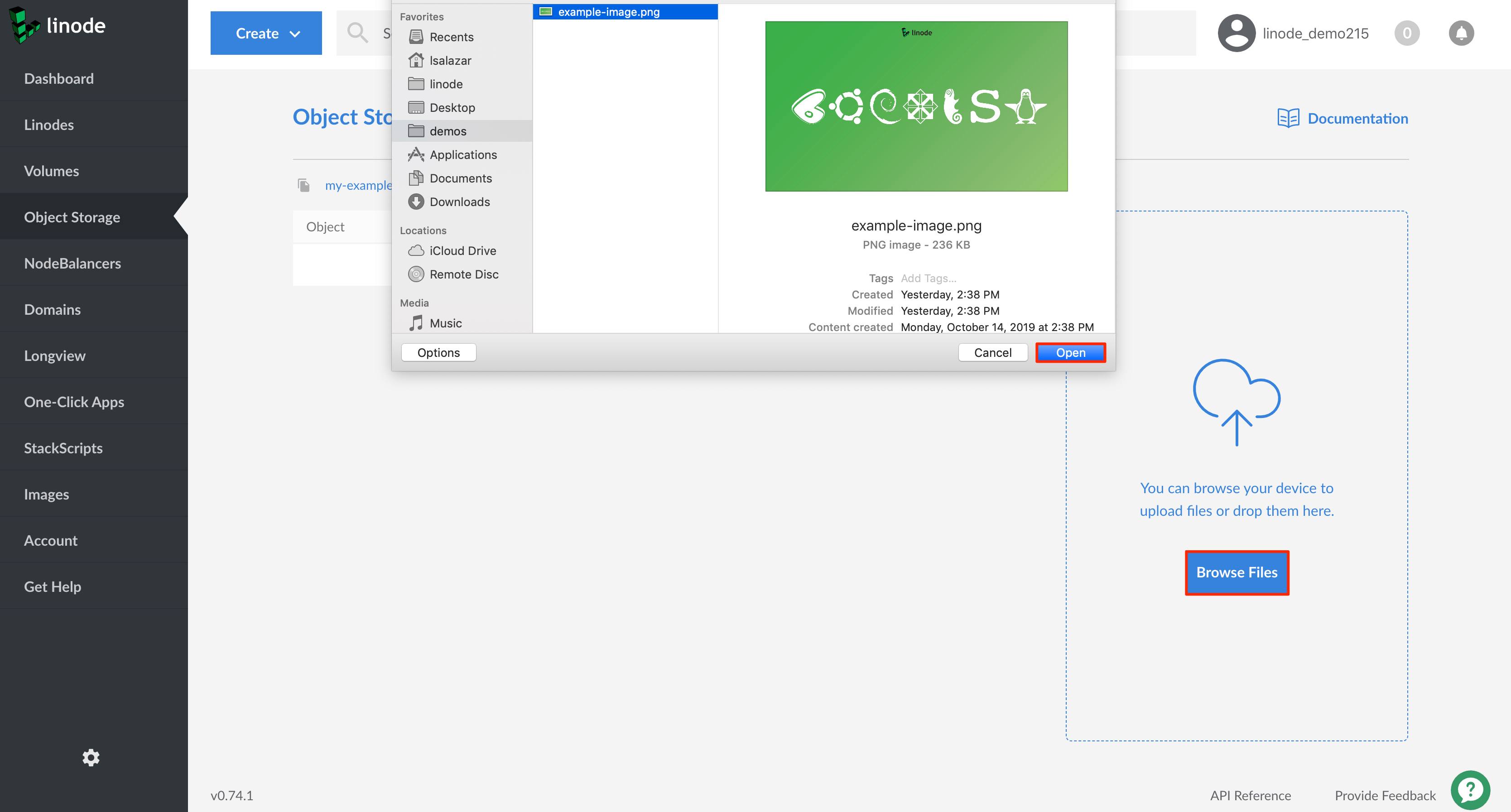 Upload an object to the bucket using the file browser