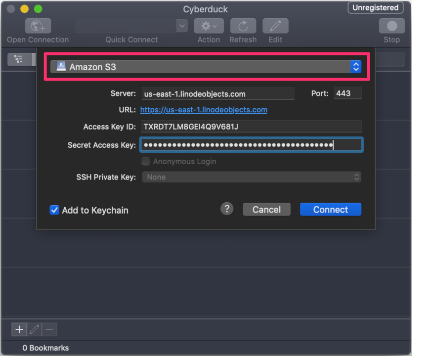Open Cyberduck and click &lsquo;Open Connection&rsquo; to open the connection menu.
