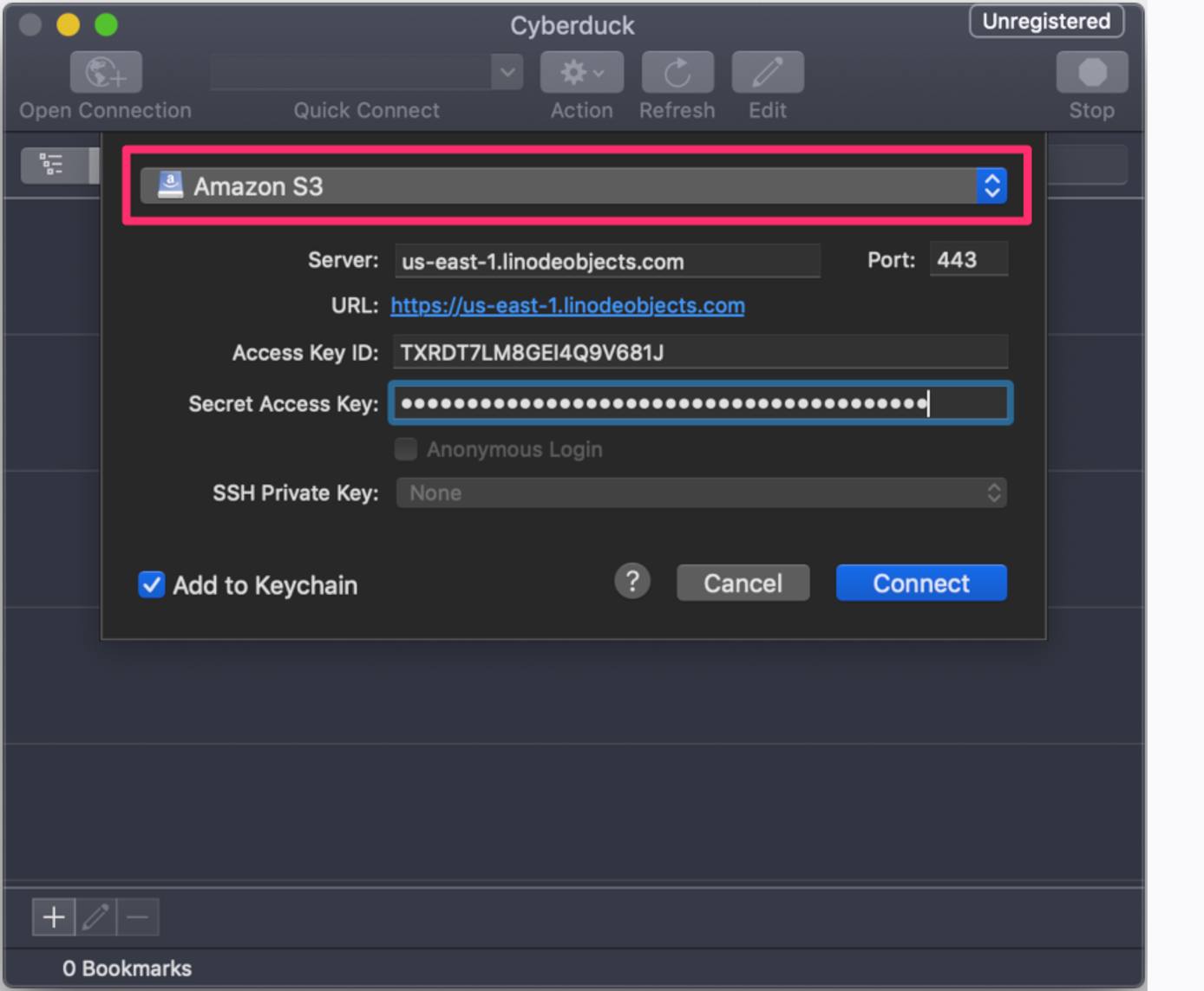 Open Cyberduck and click &lsquo;Open Connection&rsquo; to open the connection menu.